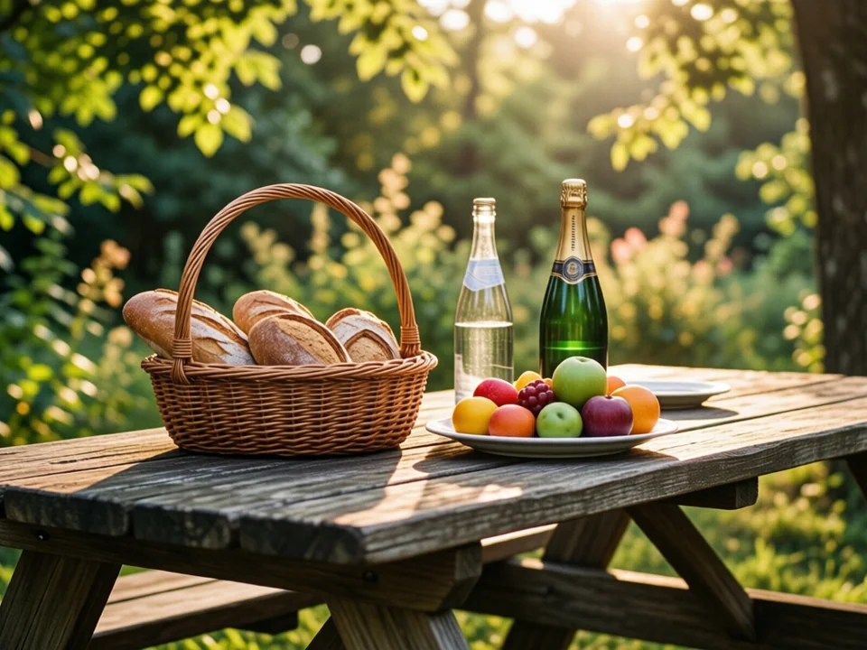 Symbolbild: Ein rustikaler Holztisch mit einem Korb voller frischem Brot, einer Flasche sprudelndem Wasser und einer Teller voller bunter Früchte, umgeben von üppigem Grün und weichem goldenem Sonnenlicht, das durch die Blätter fällt und eine gemütliche,