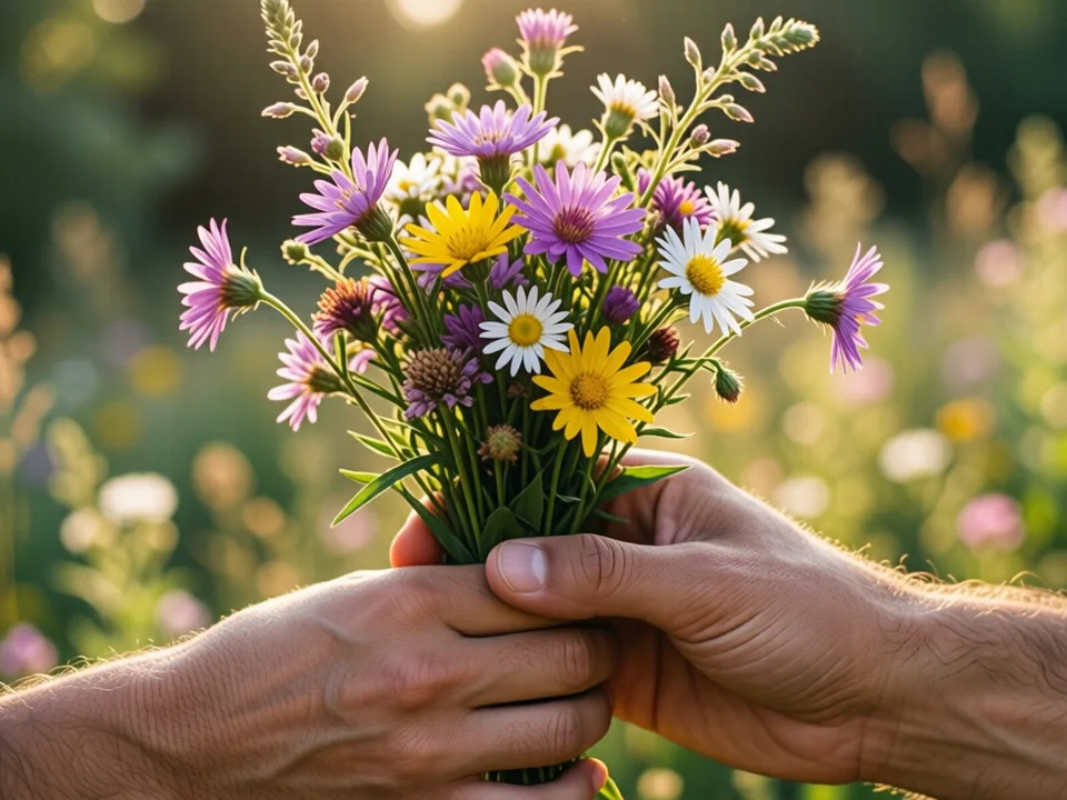 Symbolbild: Zwei Hände halten ein kleines Strauß aus Wildblumen, weiches warmes Licht, romantische und ruhige Atmosphäre