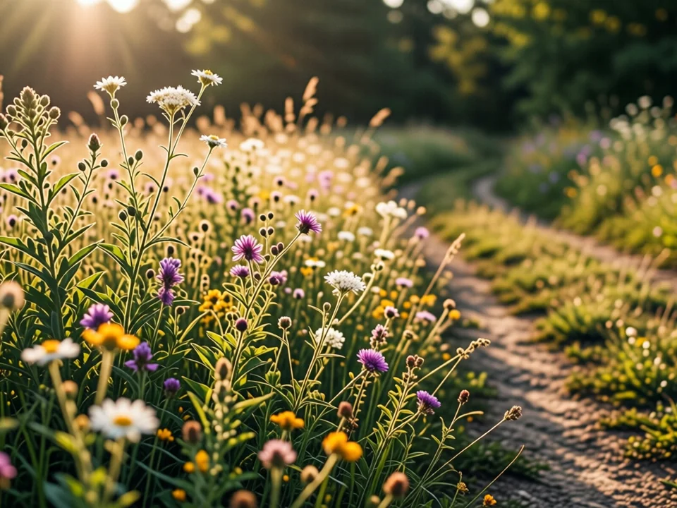 Symbolbild: Eine sonnige Wiese mit wilden Blumen und einem sich schlängelnden Weg, der in die Ferne führt – ein Ort zum Entdecken und Genießen.
