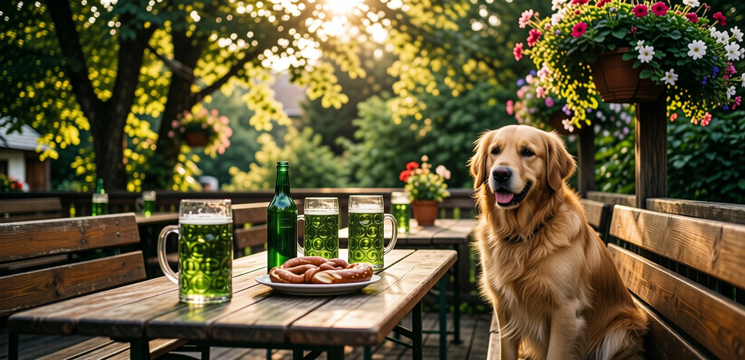 Symbolbild: Ein gemütlicher Biergarten mit Holztischen, grünen Biergläsern und Brezeln, ein goldener Retriever sitzt entspannt auf einer Bank, umgeben von Bäumen und Blumenkästen im warmen Abendlicht