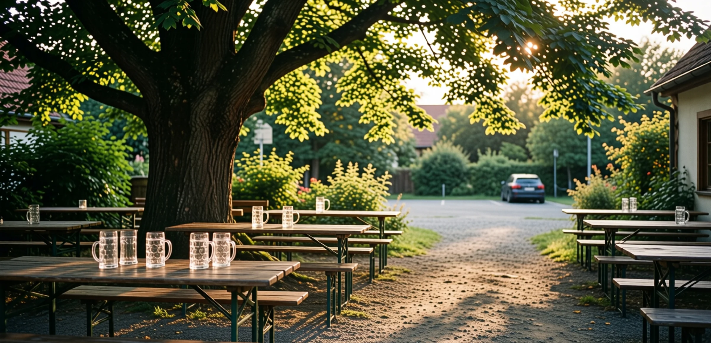 Symbolbild: Ein idyllischer Biergarten mit Holztischen und Bänken unter einem großen Baum, ein paar leere Biergläser auf den Tischen, ein Kiesweg führt zu einem kleinen Parkplatz mit einem geparkten Auto im Hintergrund, warmes Abendlicht durch die Blätter