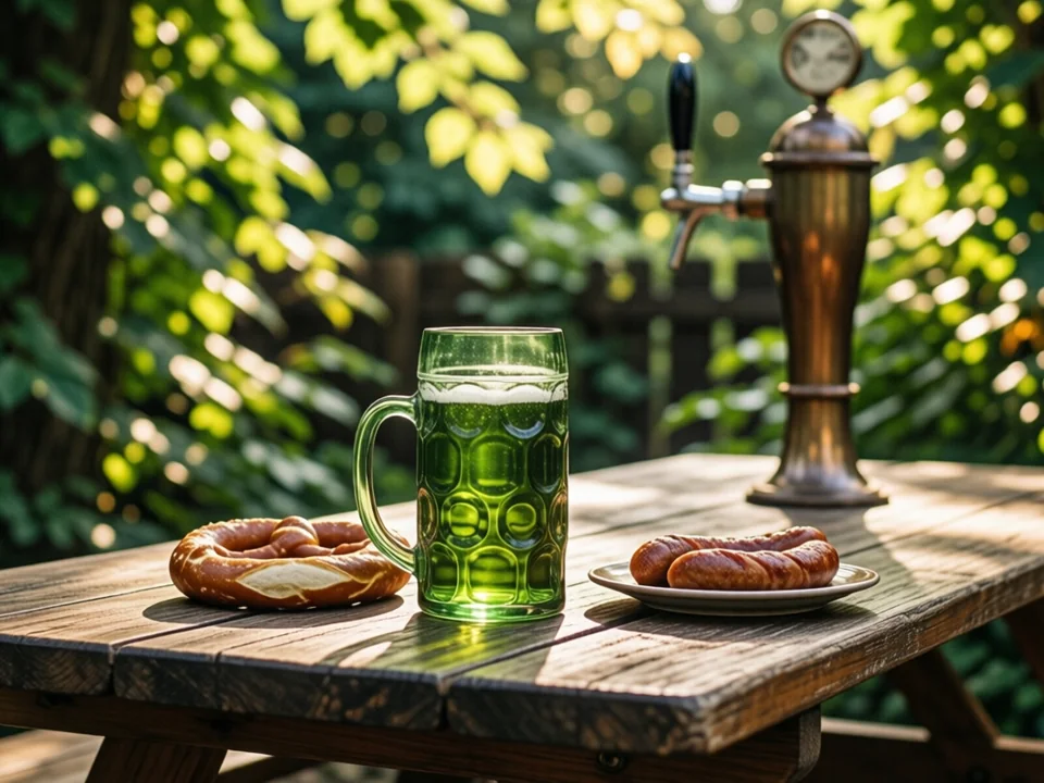Symbolbild: Ein rustikaler Holztisch im Biergarten mit einem grünen Bierglas, einer Brezel und einer kleinen Bratwurst auf einem Teller, im Hintergrund grünes Blattwerk und ein altes Selbstbedienungsbierhahn, warmes Licht durch die Blätter