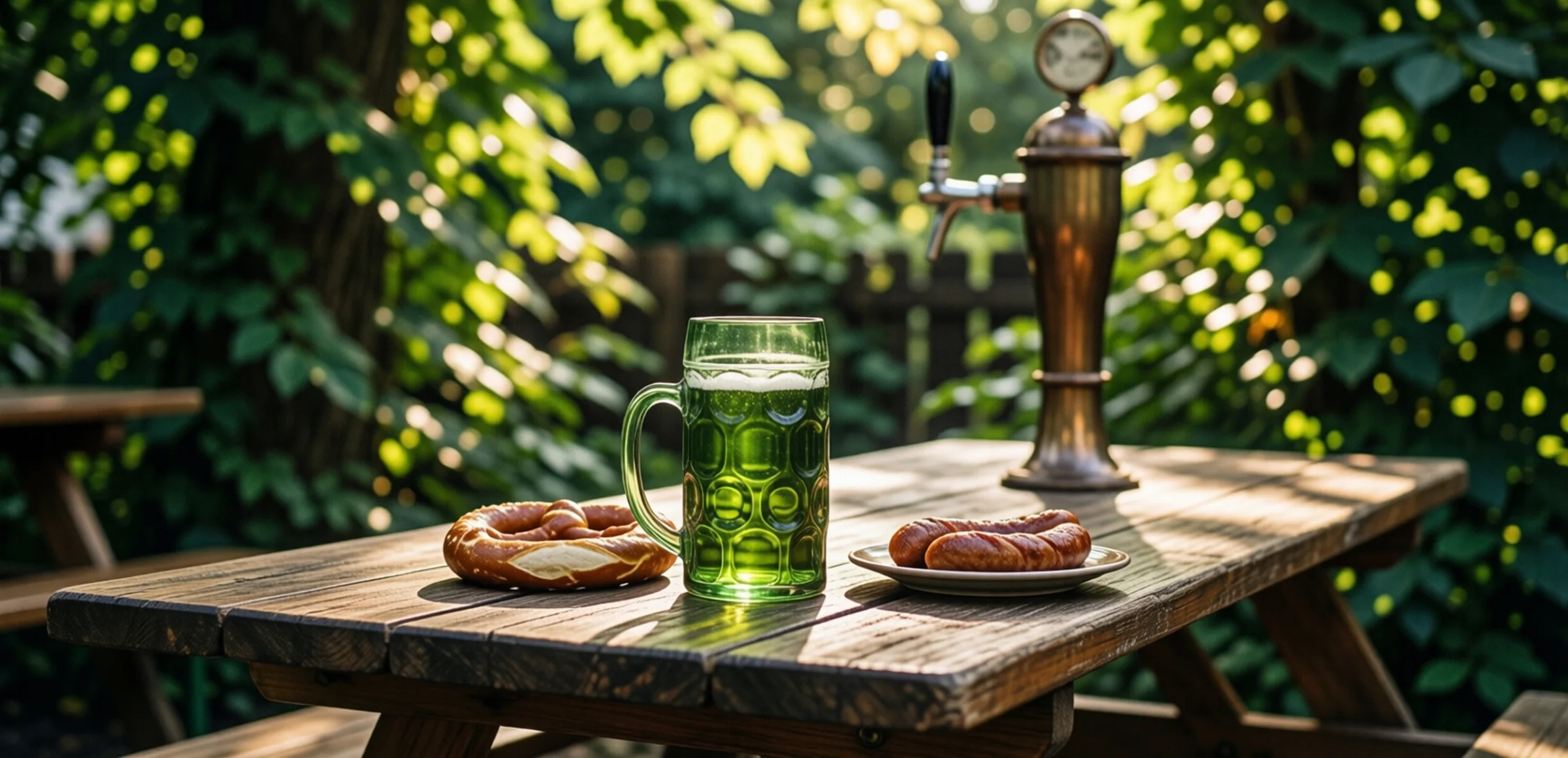 Symbolbild: Ein rustikaler Holztisch im Biergarten mit einem grünen Bierglas, einer Brezel und einer kleinen Bratwurst auf einem Teller, im Hintergrund grünes Blattwerk und ein altes Selbstbedienungsbierhahn, warmes Licht durch die Blätter