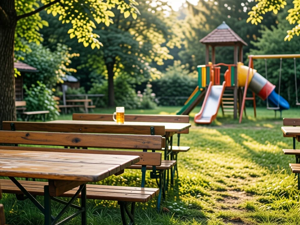 Symbolbild: Ein gemütlicher Biergarten mit Holztischen und Stühlen auf einer grünen Wiese, im Hintergrund ein bunter Spielplatz mit Rutsche und Schaukeln, umgeben von Bäumen bei warmem Nachmittagslicht