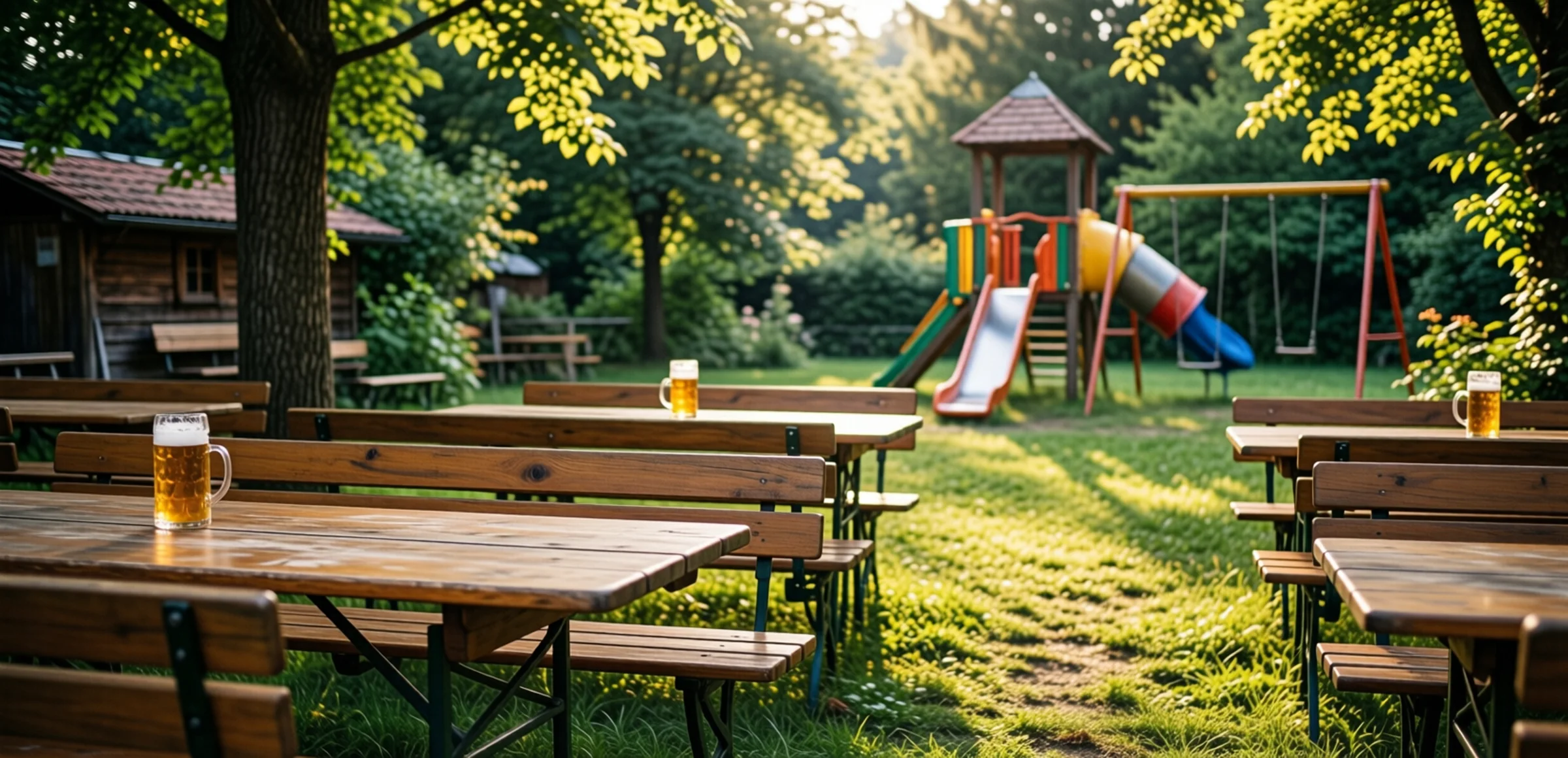 Symbolbild: Ein gemütlicher Biergarten mit Holztischen und Stühlen auf einer grünen Wiese, im Hintergrund ein bunter Spielplatz mit Rutsche und Schaukeln, umgeben von Bäumen bei warmem Nachmittagslicht