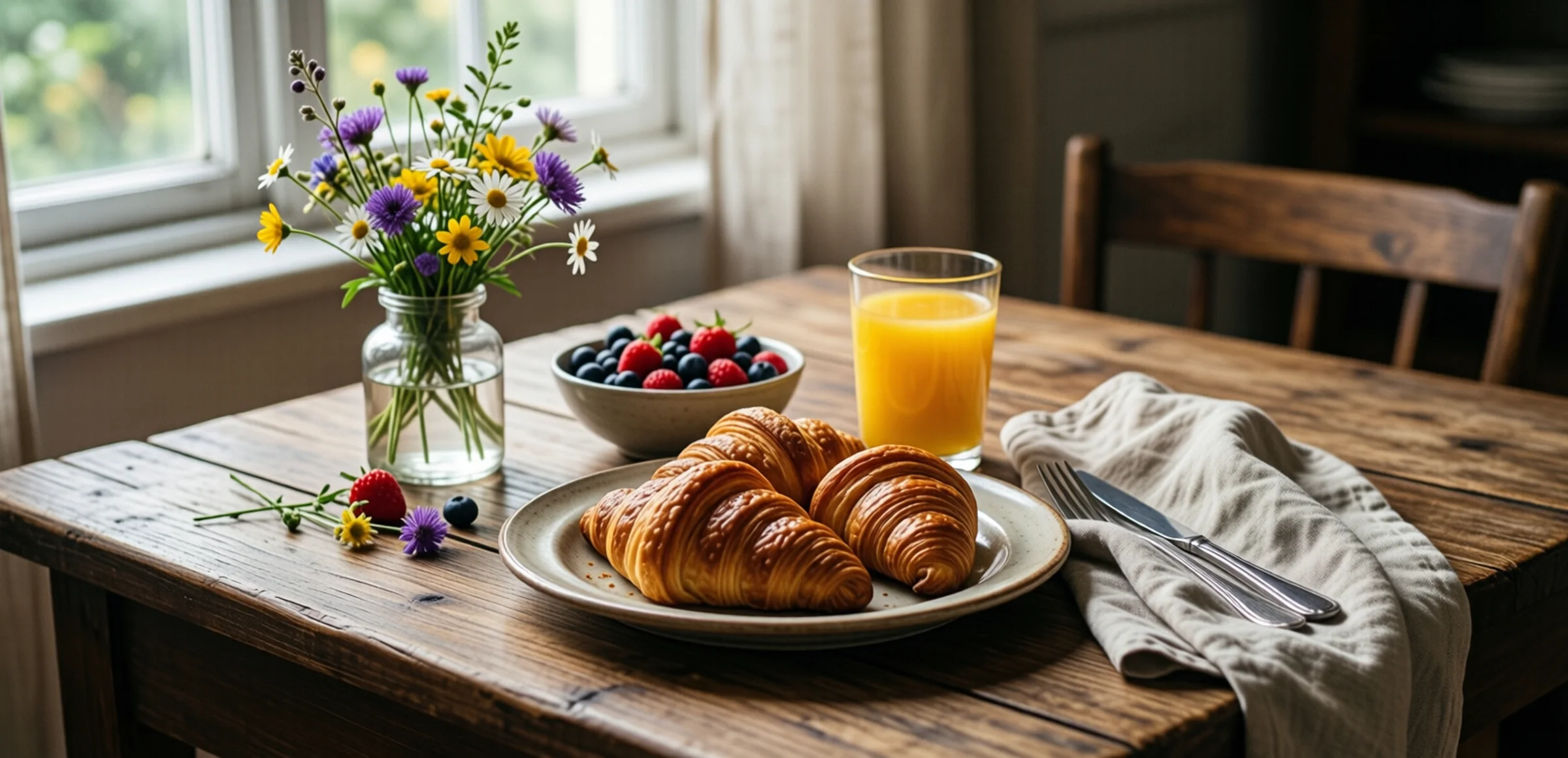Symbolbild: Eine rustikale Holztischdecke mit einem Teller frischer Croissants, einer Schüssel gemischter Beeren, einem Glas Orangensaft und einer kleinen Vase mit Wildblumen, beleuchtet von sanftem Morgenlicht
