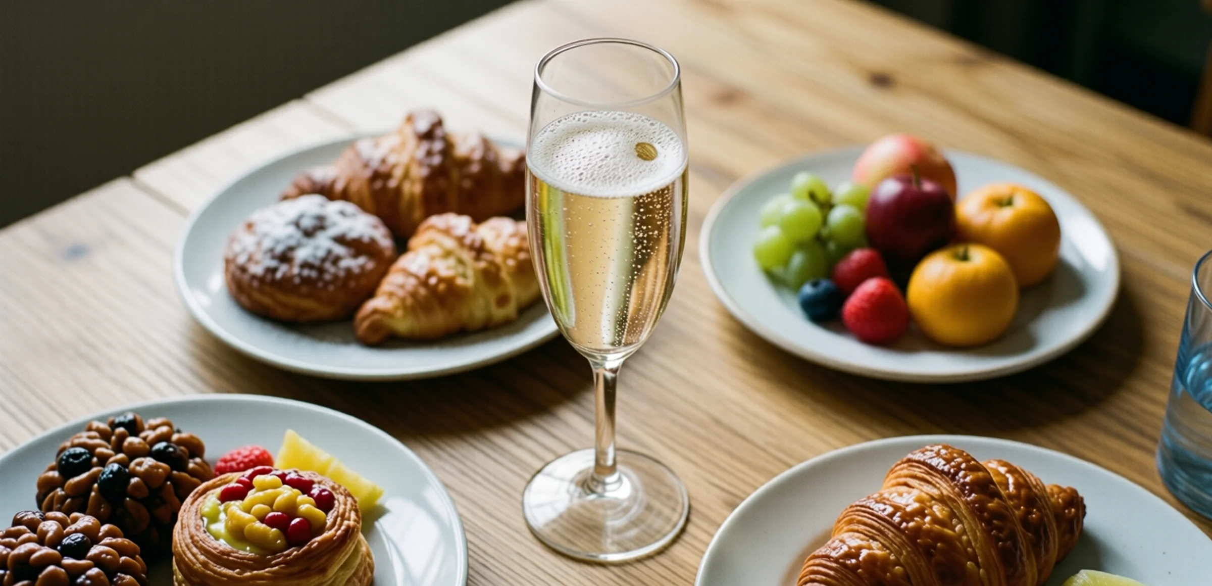 Symbolbild: Eine Champagnerflasche und ein Glas Champagner neben frischen Brunch-Beilagen wie Gebäck und Obst auf einem hellen Holztisch.