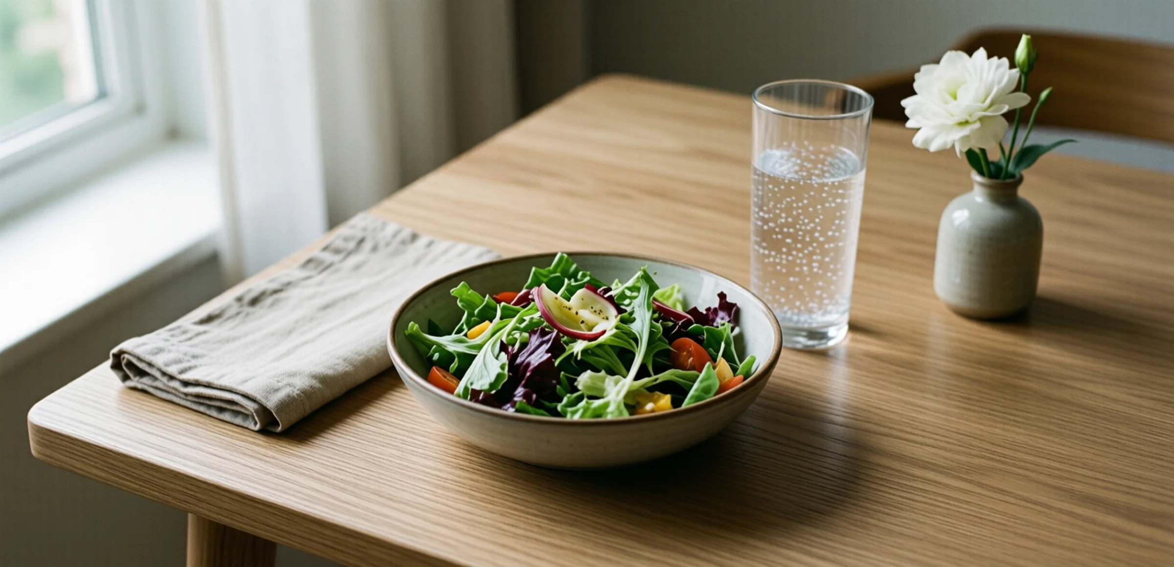 Symbolbild: Ein gedeckter Tisch mit einer Schale frischem Salat, einem Glas Wasser, einem gefalteten Leinentuch und einer kleinen Vase mit einer weißen Blüte, aufgenommen von oben in ruhigen Erdtönen.