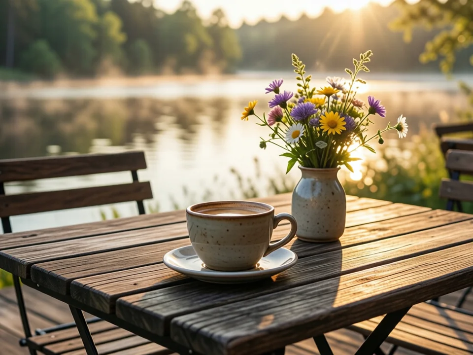 Symbolbild: Eine Tasse Kaffee und eine kleine Vase mit Wildblumen stehen auf einem Holztisch an einem ruhigen See bei goldenem Abendlicht, sanfter Nebel liegt über dem Wasser.