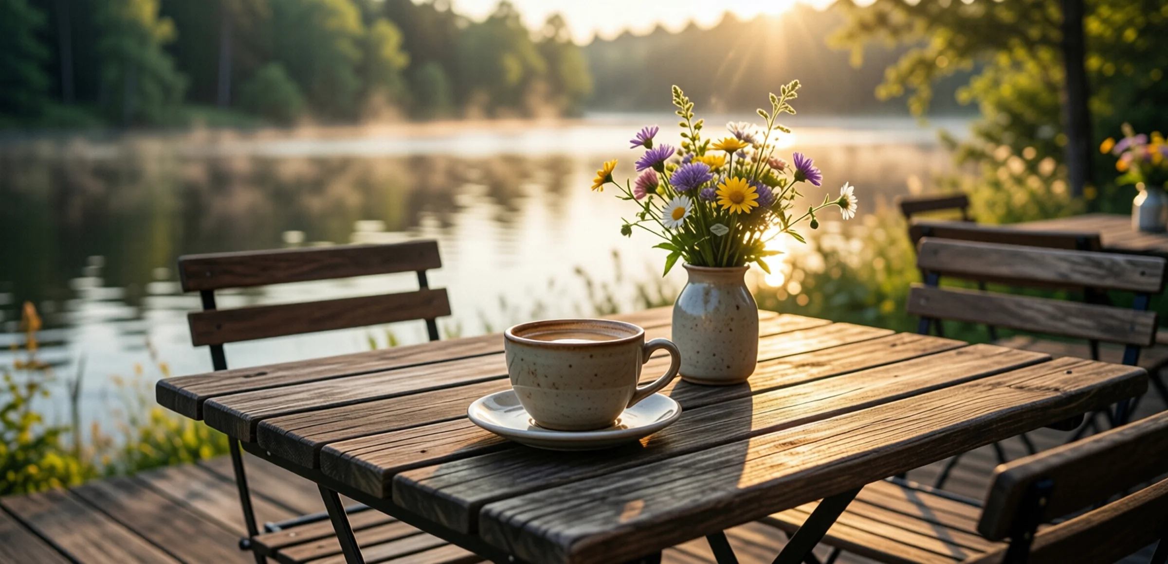Symbolbild: Eine Tasse Kaffee und eine kleine Vase mit Wildblumen stehen auf einem Holztisch an einem ruhigen See bei goldenem Abendlicht, sanfter Nebel liegt über dem Wasser.