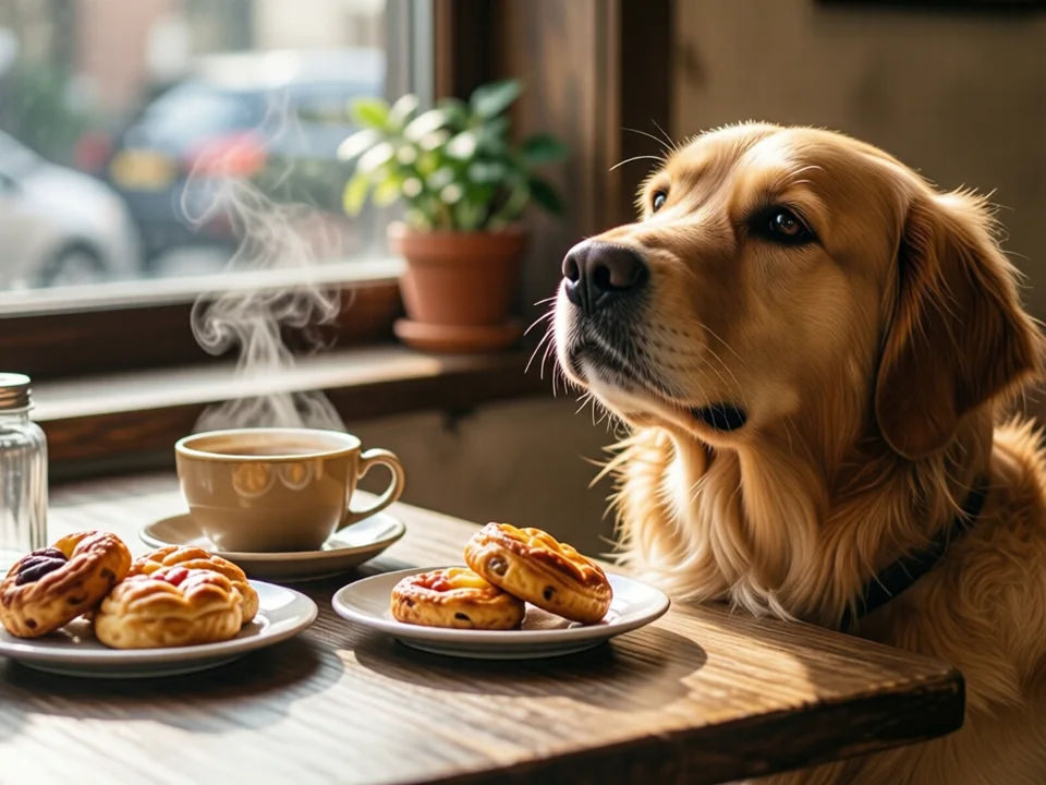 Symbolbild: Ein gemütlicher Kaffeetisch mit dampfender Tasse und Platte mit Gebäck, daneben sitzt ein freundlicher Golden Retriever ruhig und blickt zum Tisch, warmes Morgenlicht fällt durch ein Fenster herein