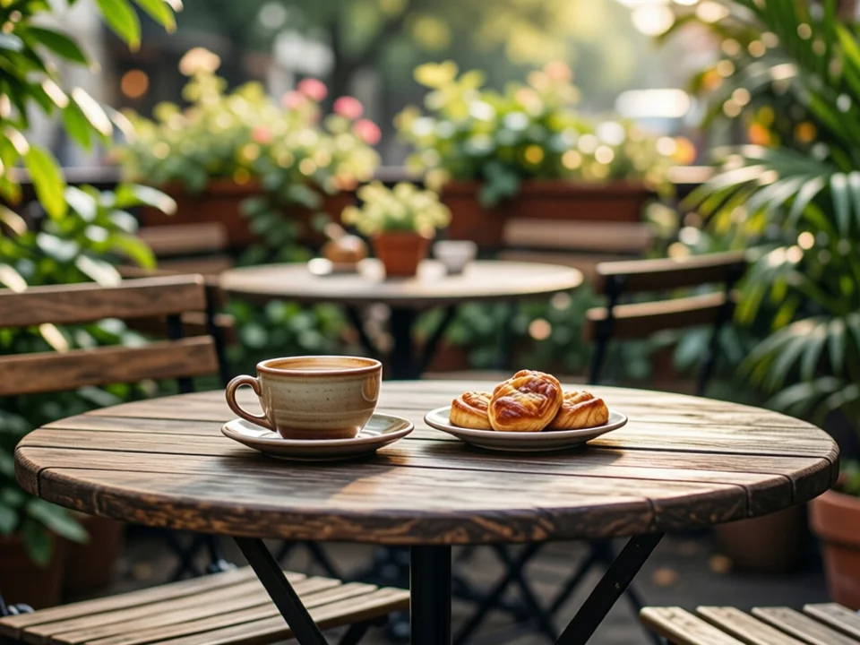 Symbolbild: Eine gemütliche Café-Terrasse mit einem runden Holztisch, auf dem eine Tasse Kaffee und ein kleines Stück Kuchen stehen, umgeben von grünen Topfpflanzen im warmen Nachmittagslicht.