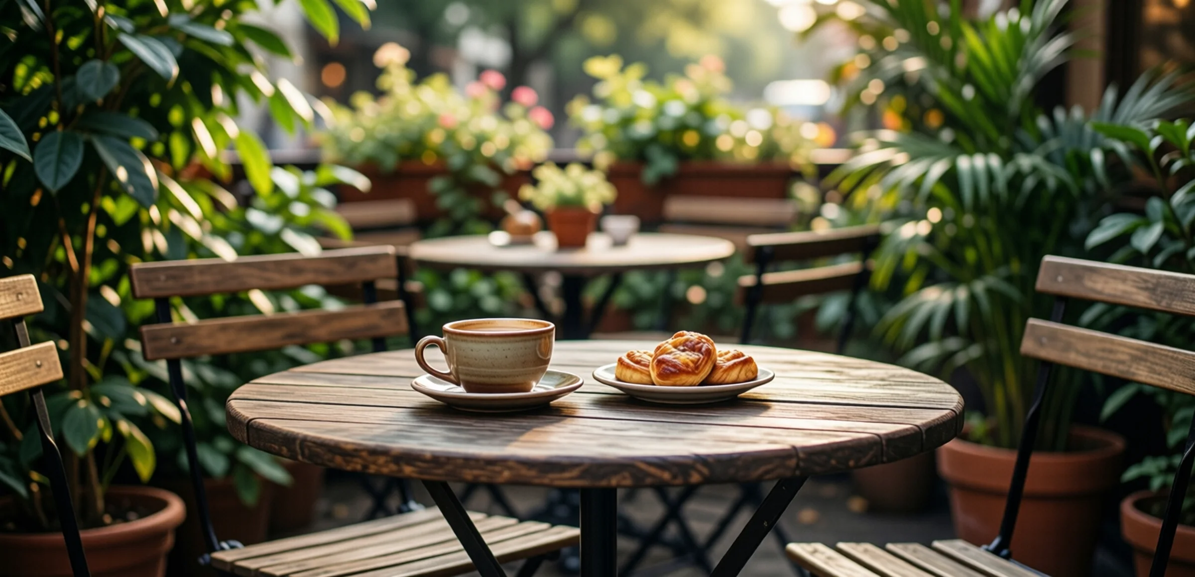 Symbolbild: Eine gemütliche Café-Terrasse mit einem runden Holztisch, auf dem eine Tasse Kaffee und ein kleines Stück Kuchen stehen, umgeben von grünen Topfpflanzen im warmen Nachmittagslicht.