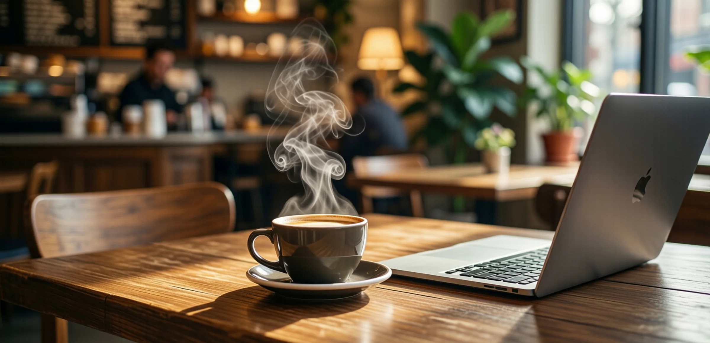 Symbolbild: Eine Tasse Kaffee und ein offenes Laptop auf einem Holztisch in einem gemütlichen Café mit warmem Licht und Pflanzen im Hintergrund