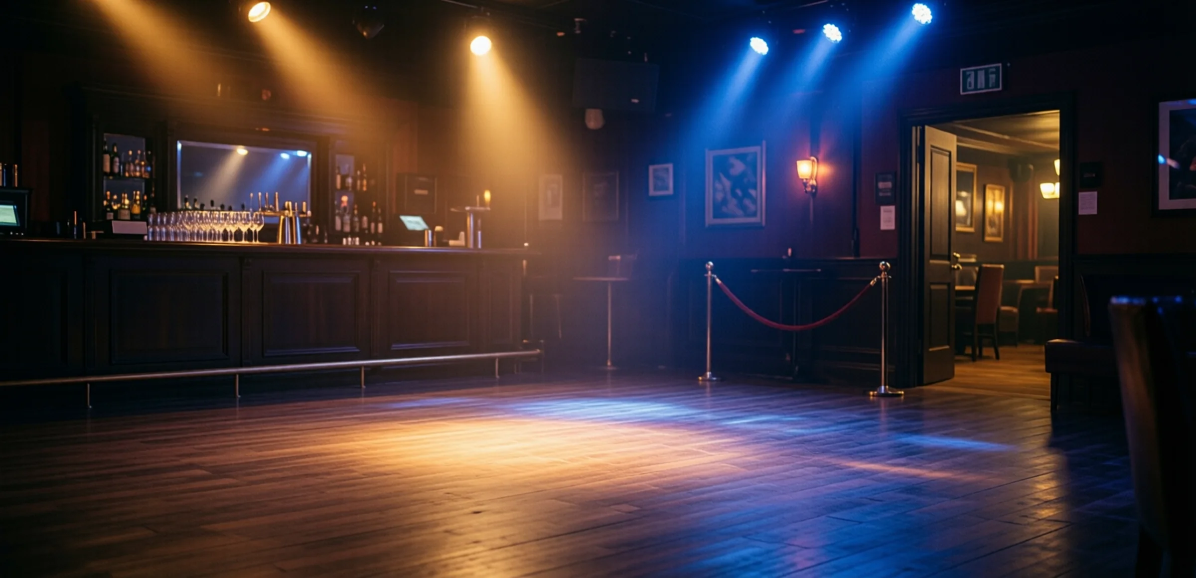 Symbolbild: Leerer Clubraum vor der Öffnung, gedämpftes Licht in Bernstein und Blau über einer freien Tanzfläche, im Hintergrund eine geschlossene Bar mit Gläsern, daneben eine Kordel am Eingang.