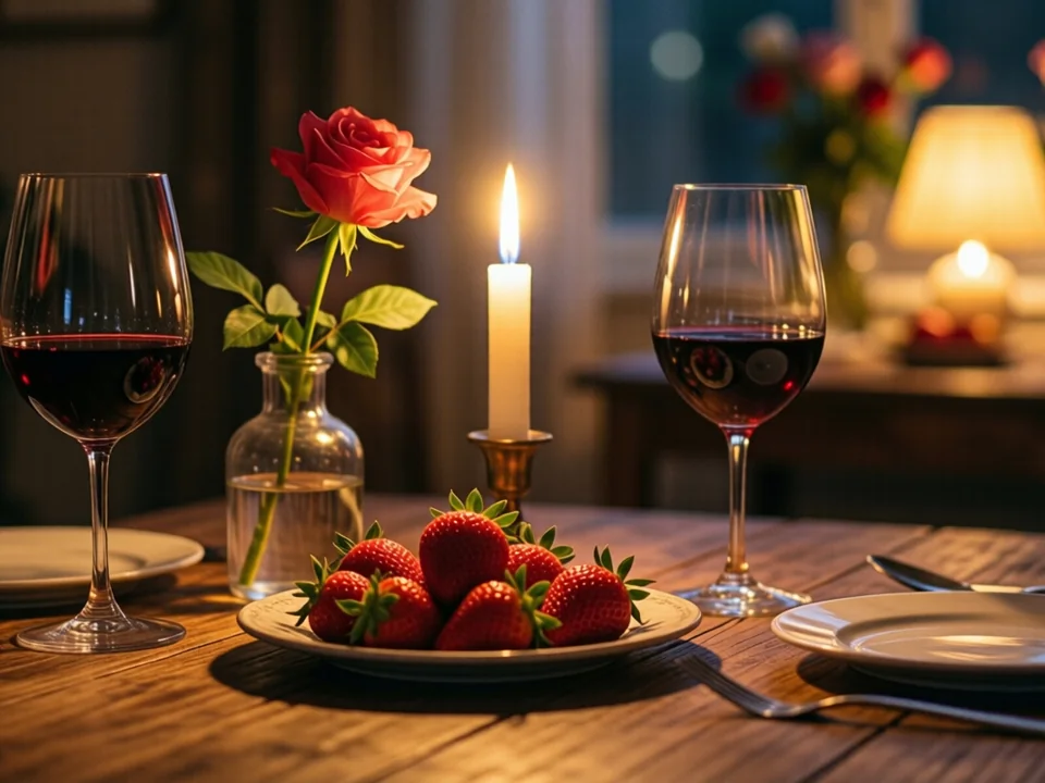 Symbolbild: Ein romantisches Tischchen für zwei mit Kerzenlicht, einem Glas Wein, einer einzelnen Rose in einer kleinen Vase und Erdbeeren auf einem Teller