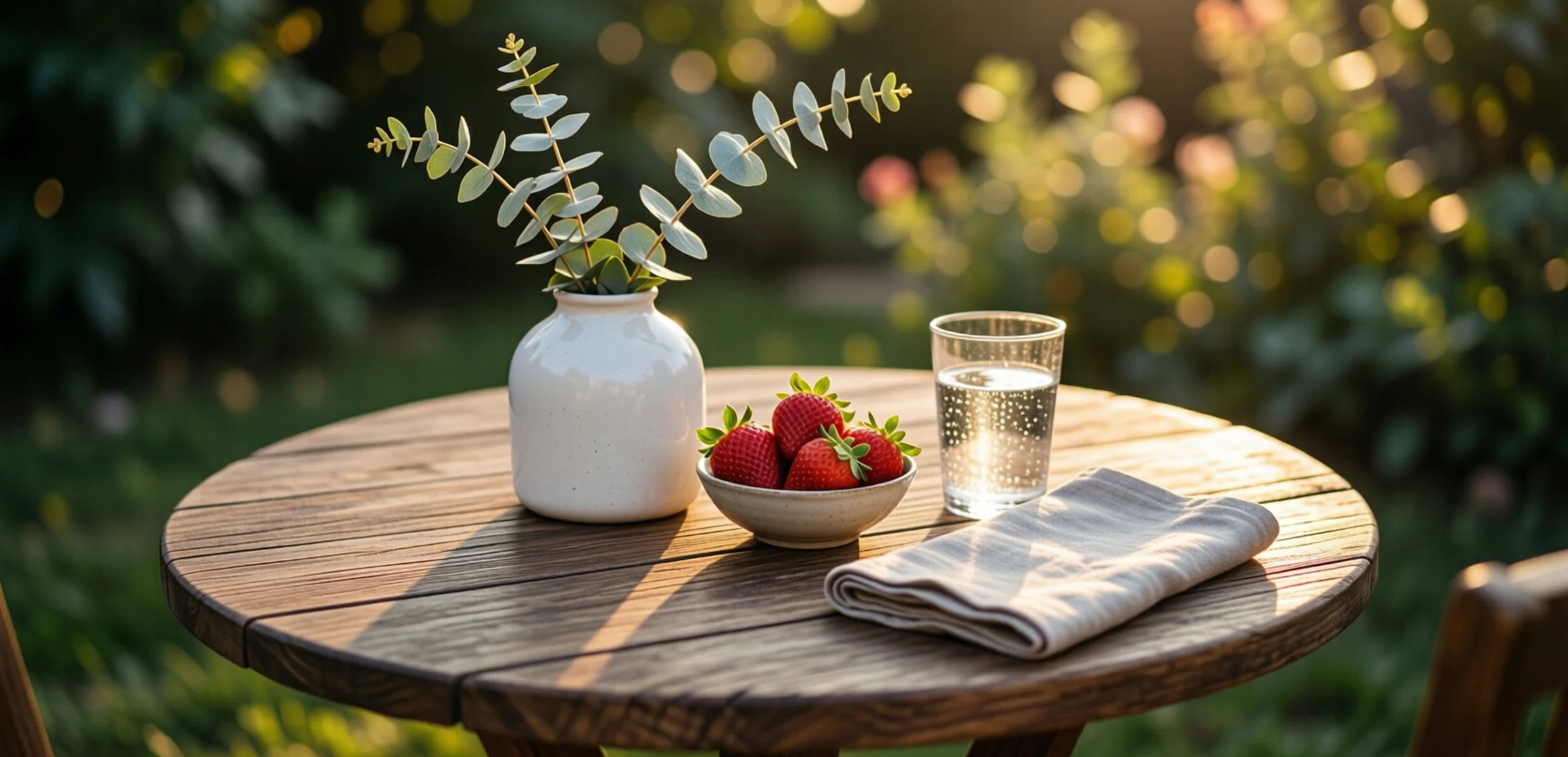 Symbolbild: Eine kleine runde Holztischdecke für zwei Personen mit einer weißen Vase mit Eukalyptus, einer Schale Erdbeeren, einem Glas Sprudelwasser und einem gefalteten Leinentuch, beleuchtet von warmem Abendlicht