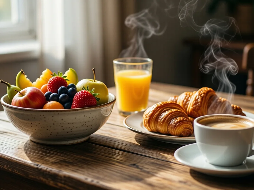 Symbolbild: Eine Frühstückstafel mit Obstschale, Orangensaft, Croissants und einer dampfenden Tasse Kaffee auf einem rustikalen Holztisch im warmen Morgenlicht