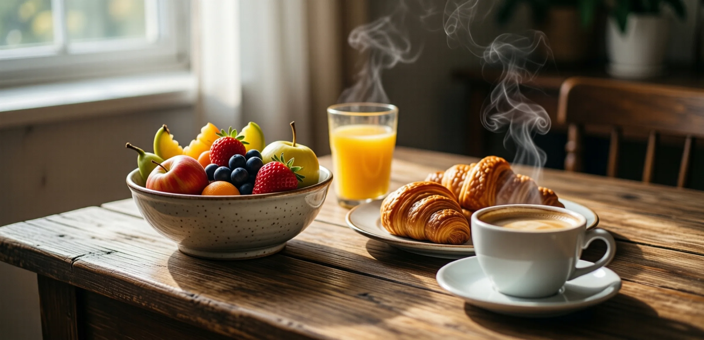 Symbolbild: Eine Frühstückstafel mit Obstschale, Orangensaft, Croissants und einer dampfenden Tasse Kaffee auf einem rustikalen Holztisch im warmen Morgenlicht