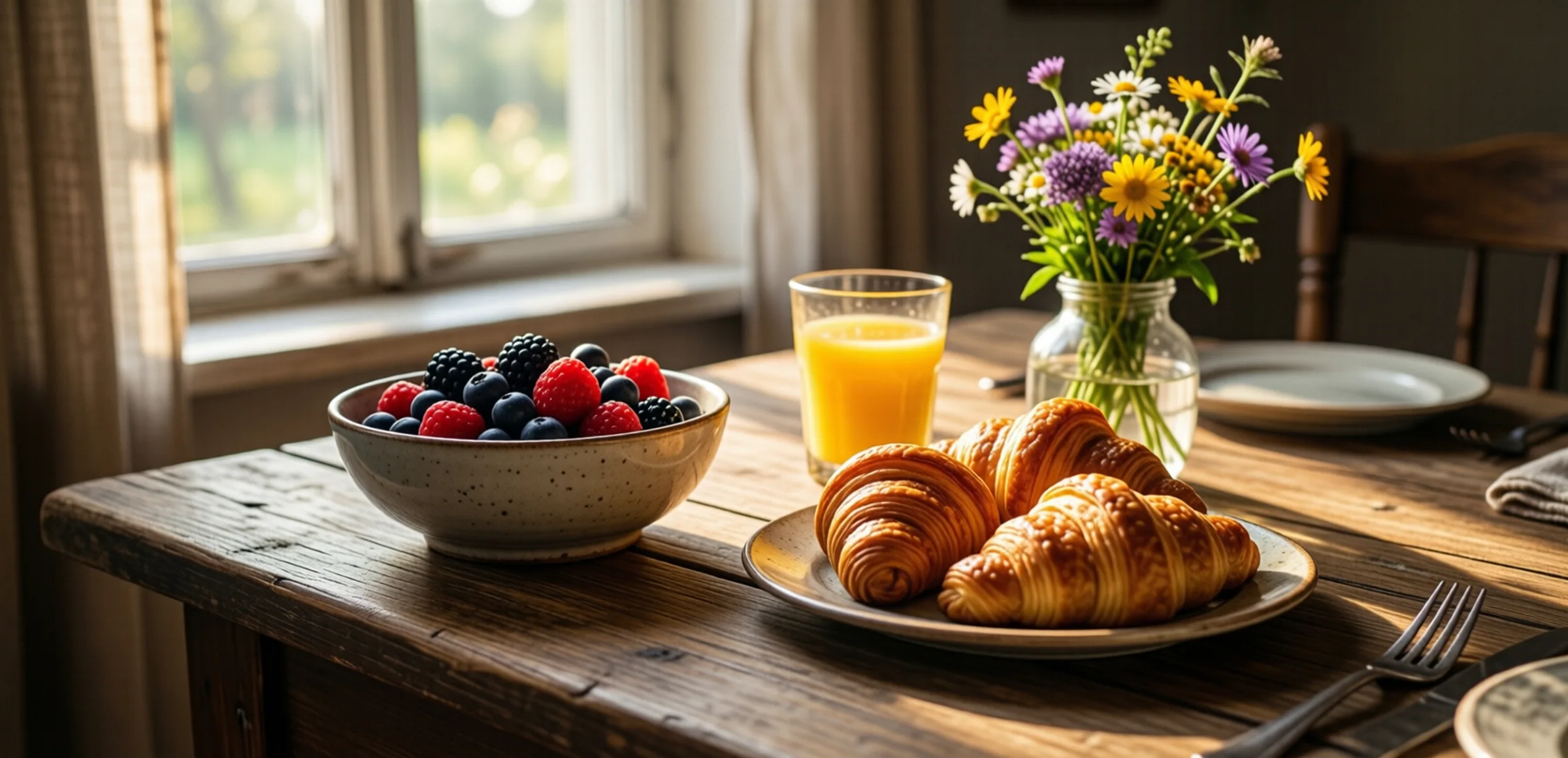 Symbolbild: Ein rustikaler Holztisch mit einem Teller Croissants, einer Schüssel frischer Beeren, einem Glas Orangensaft und einer kleinen Vase mit Wildblumen, beleuchtet von warmem Morgenlicht, das durch ein Fenster fällt.