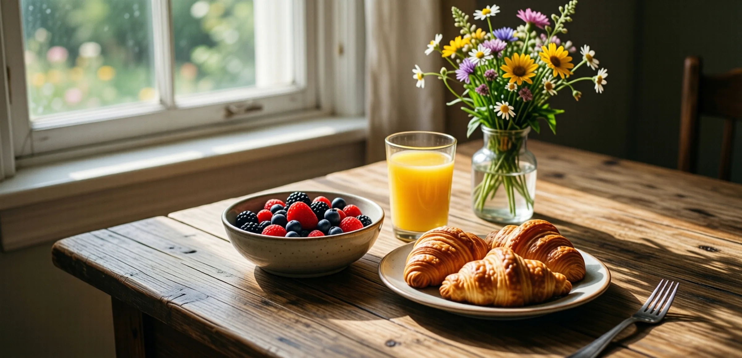 Symbolbild: Ein Frühstückstisch mit einer Schüssel voller frischer Beeren, einem Teller mit goldenen Croissants, einem Glas Orangensaft und einer kleinen Vase mit Wildblumen, beleuchtet von sanftem Morgenlicht