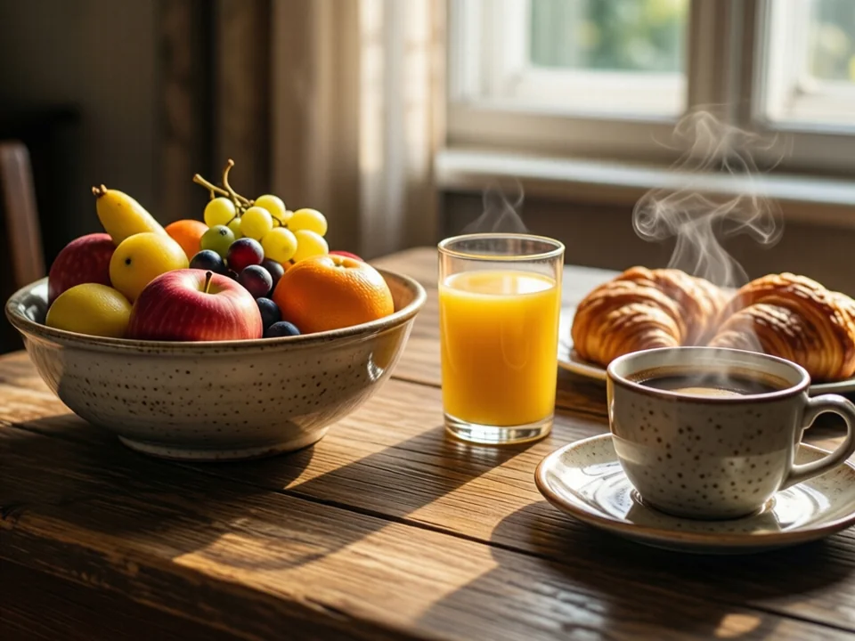 Symbolbild: Ein gemütliches Frühstück auf einem rustikalen Holztisch mit einer Schüssel frischem Obst, einem Glas Orangensaft, einem Teller Croissants und einer dampfenden Tasse Kaffee, beleuchtet von sanftem Morgenlicht durch ein Fenster