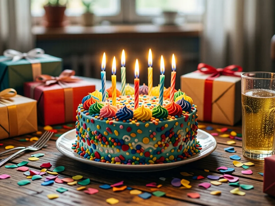 Symbolbild: Eine bunte Geburtstagstorte mit brennenden Kerzen, Konfetti und kleinen Geschenkpaketen auf einem rustikalen Holztisch