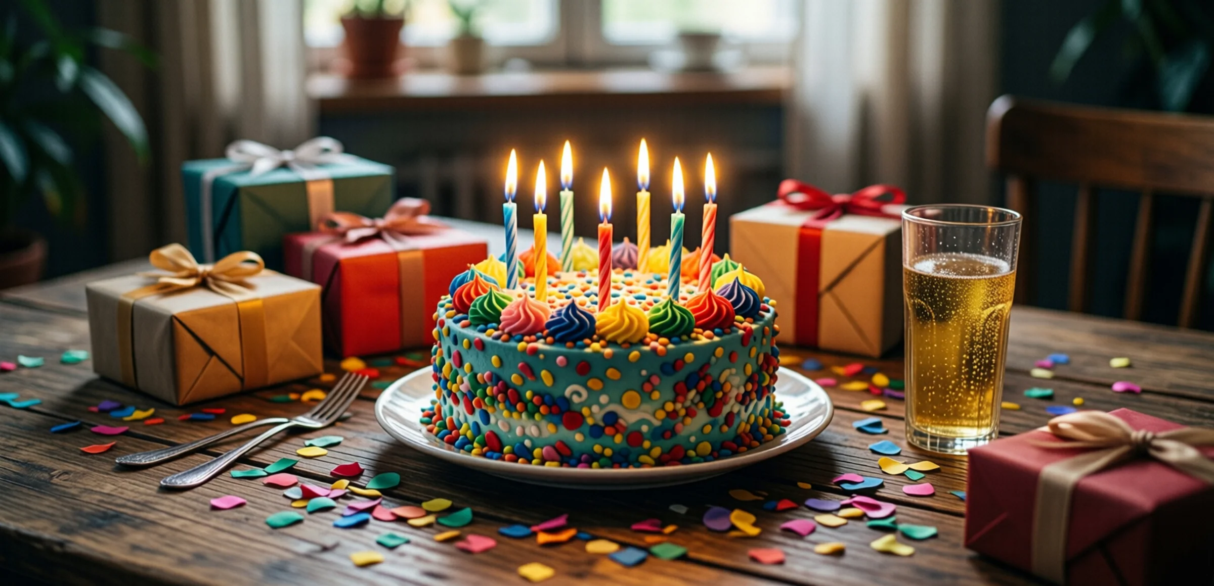 Symbolbild: Eine bunte Geburtstagstorte mit brennenden Kerzen, Konfetti und kleinen Geschenkpaketen auf einem rustikalen Holztisch