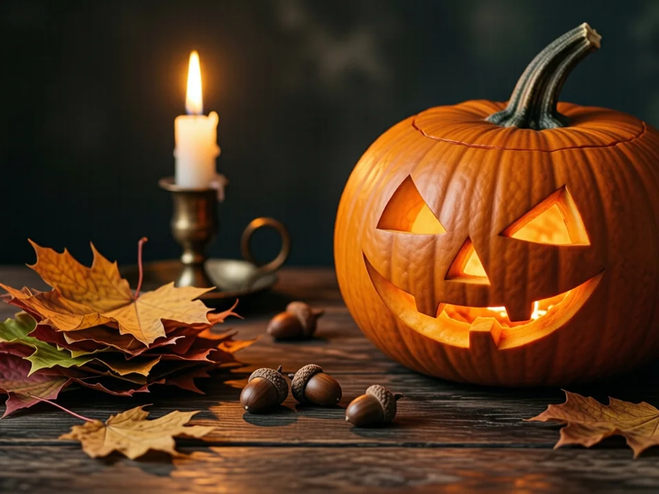 Symbolbild: Eine Kürbislaternen mit warmem Licht, Herbstlaub und Eicheln auf einem dunklen Holztisch