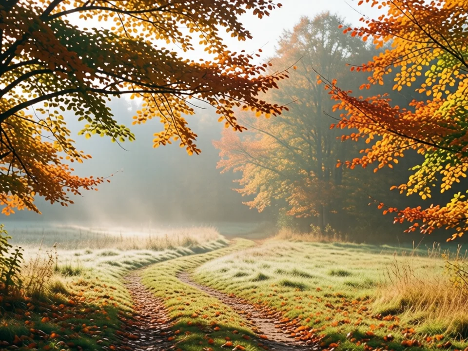 Symbolbild: Ein herbstlicher Waldweg mit goldenen Blättern und sanftem Morgenlicht