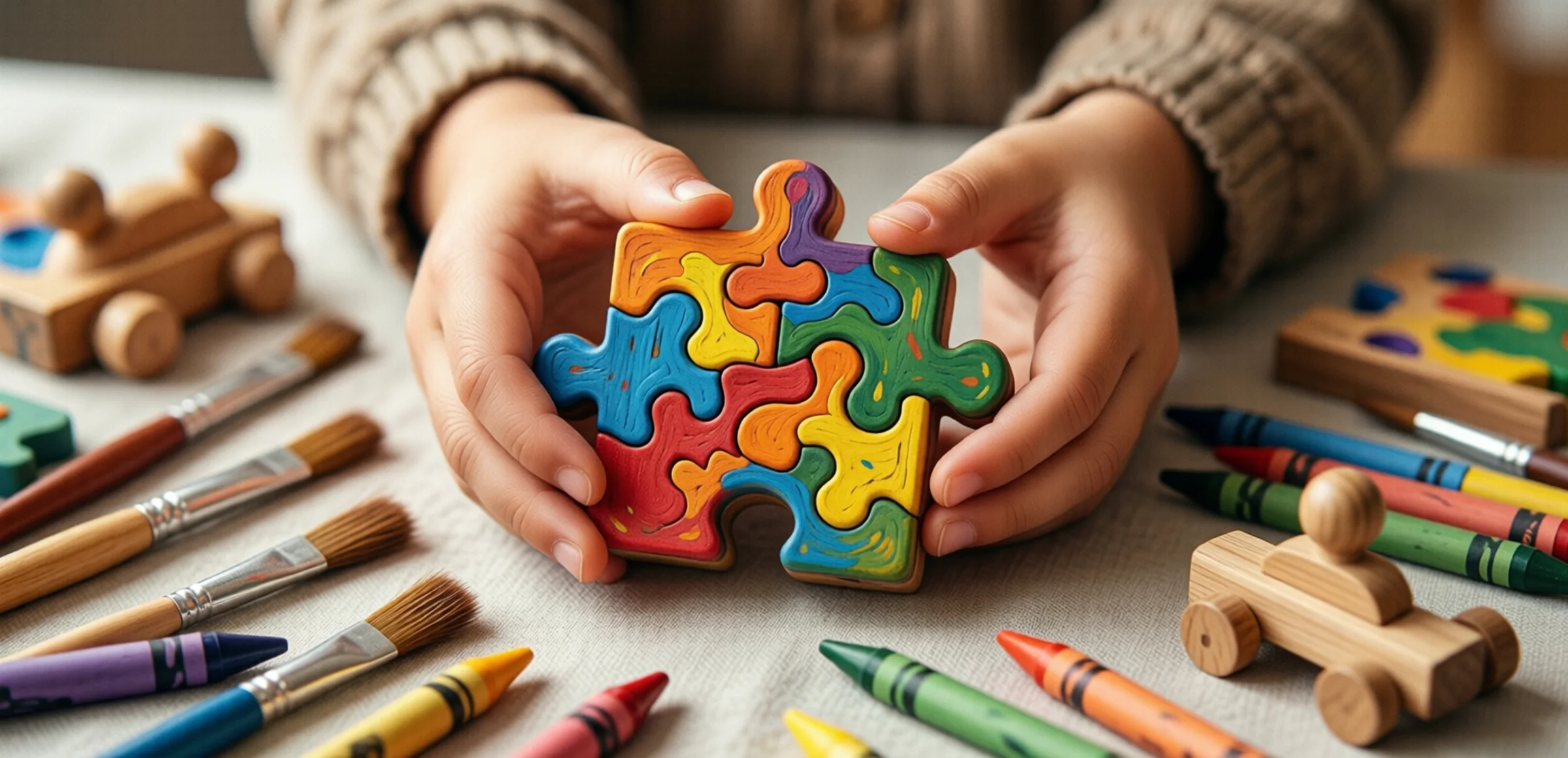 Symbolbild: Kinderhände halten ein farbenfrohes Holzpuzzle, umgeben von Bastelutensilien wie Pinseln, Buntstiften und einem kleinen Holzspielzeug auf einem weichen, neutralen Hintergrund.
