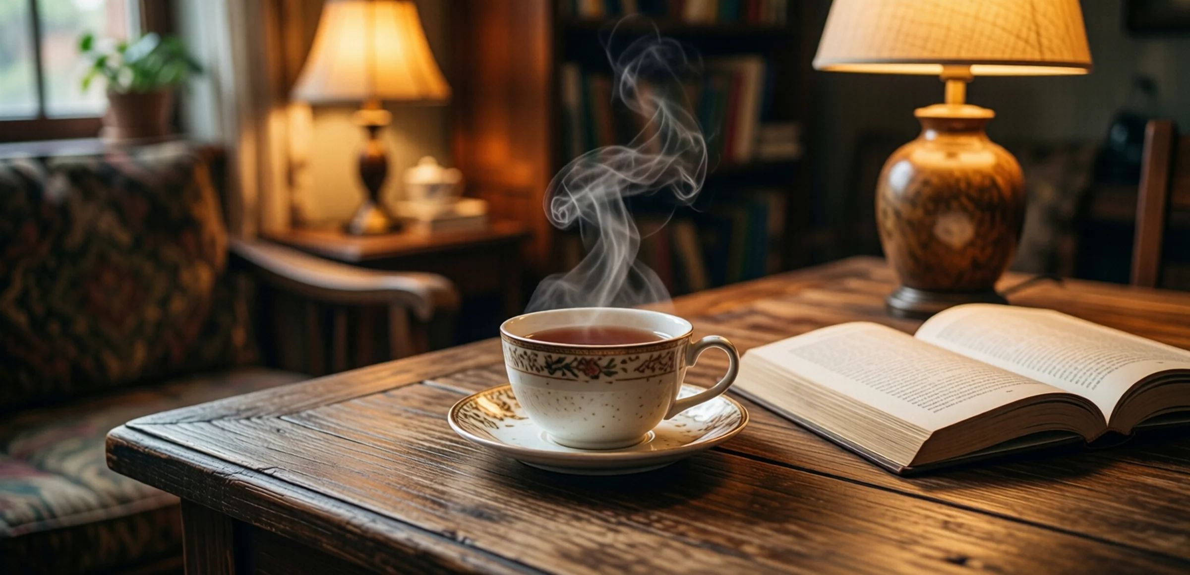 Symbolbild: Eine gemütliche Innenaufnahme mit einem warmen Holztisch, einer dampfenden Tasse Tee und einem offenen Buch, beleuchtet von sanftem Lampenlicht