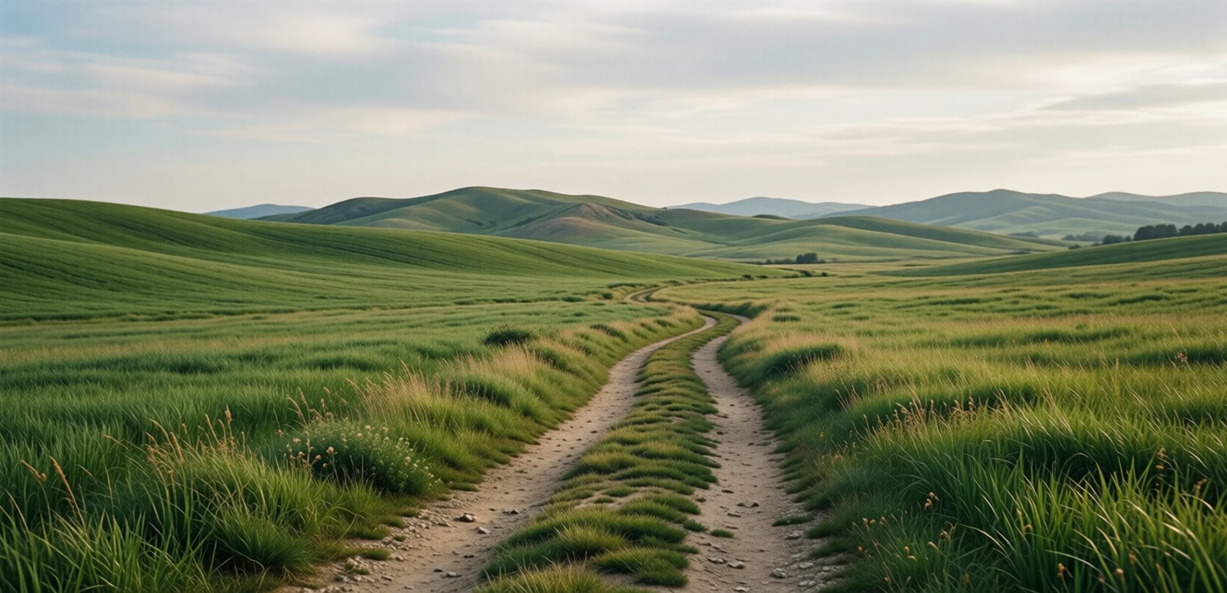 Symbolbild: Ein ruhiges Feld mit einem sich schlängelnden Weg, der zu sanften Hügeln im Hintergrund führt, unter einem hellen Himmel