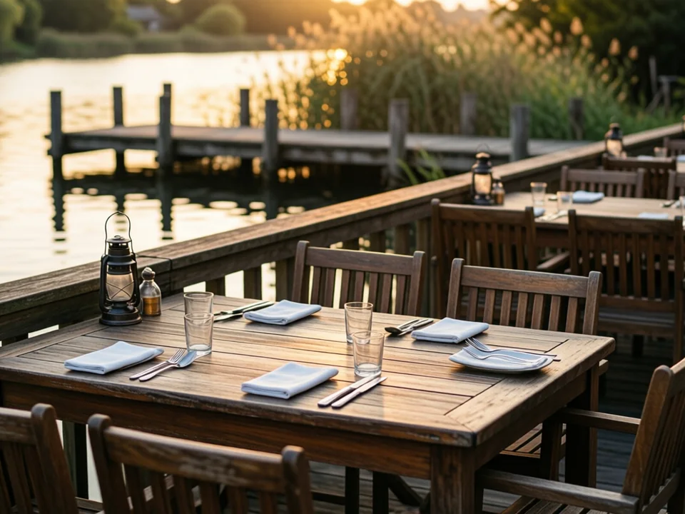 Symbolbild: Leere Restaurantterrasse direkt am Wasser, Holztische mit Gläsern am Geländer, dahinter ruhiges Wasser im warmen Abendlicht