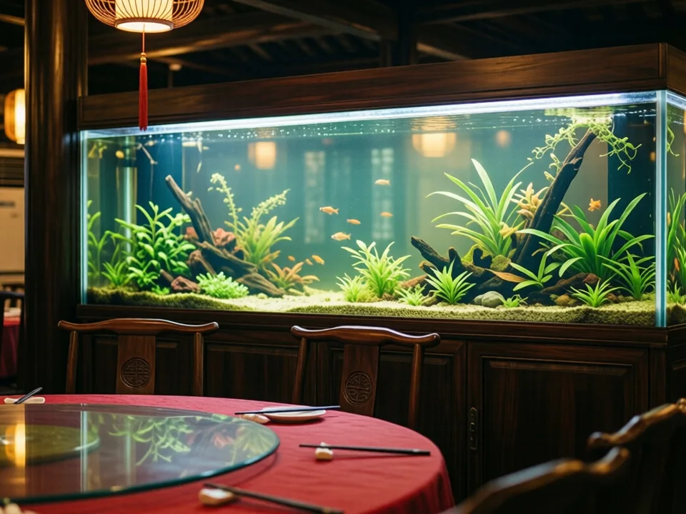 Symbolbild: Ein beleuchtetes Aquarium in einer dunklen Holzwand trennt den Gastraum eines chinesischen Restaurants; davor runde Tische mit roter Decke, im Wasser Pflanzen und kleine Fische.