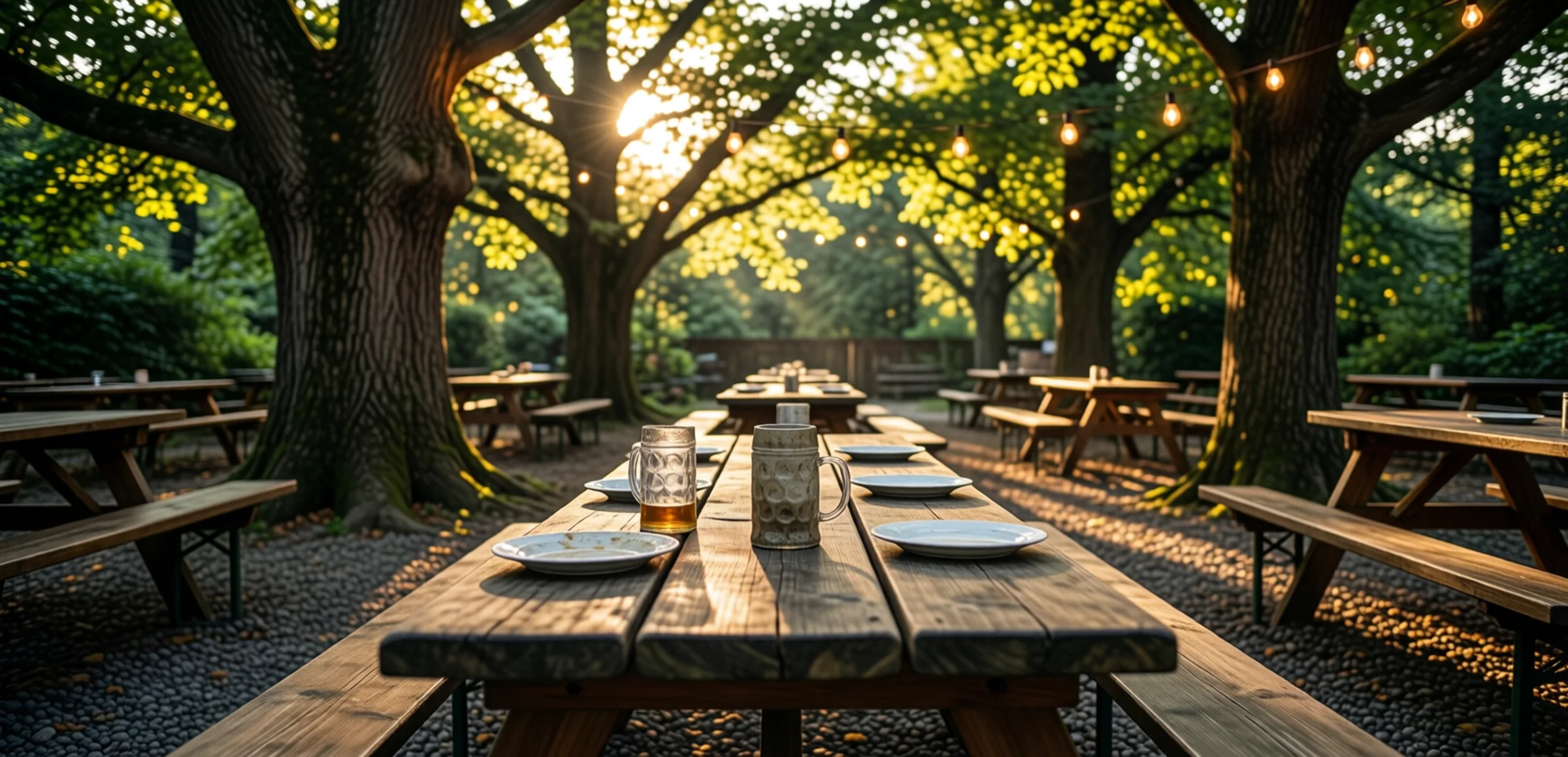 Symbolbild: Leerer Biergarten unter alten Kastanienbäumen, lange Holztische mit Bänken auf Kies, Sonnenlicht fällt durch das Laub, auf den Tischen stehen einzelne Steinkrüge.