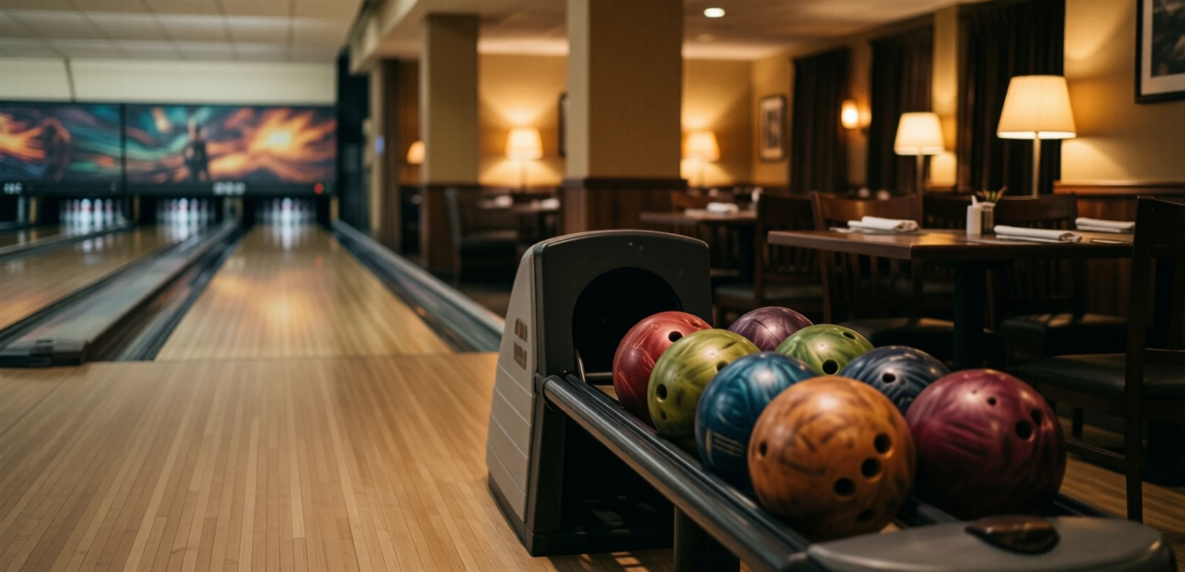 Symbolbild: Blick auf eine hölzerne Bowlingbahn mit Pins am Ende, davor eine Kugelrückgabe mit mehreren Bowlingkugeln; im unscharfen Hintergrund eingedeckte Restauranttische unter warmen Hängeleuchten.