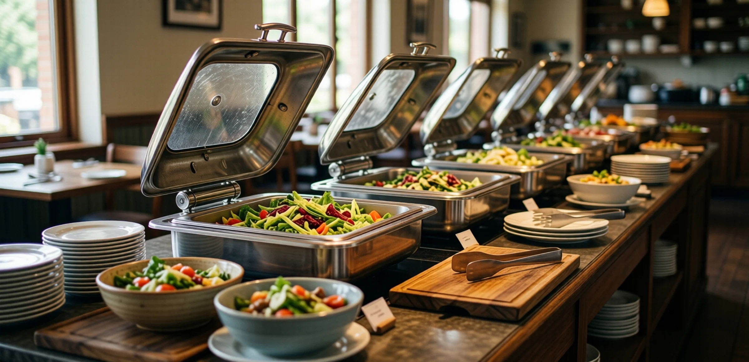 Symbolbild: Eine lange Buffettheke mit offenen Warmhaltebehältern aus Edelstahl, Schalen mit Salaten, gestapelten weißen Tellern und einem Holzbrett, seitlich von weichem Tageslicht beleuchtet.