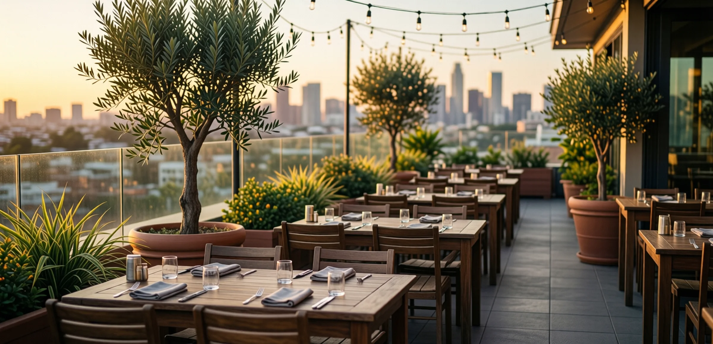 Symbolbild: Leere Dachterrasse eines Restaurants im Abendlicht mit gedeckten Holztischen, Pflanzkübeln an einer Glasbrüstung und Lichterketten über den Plätzen.