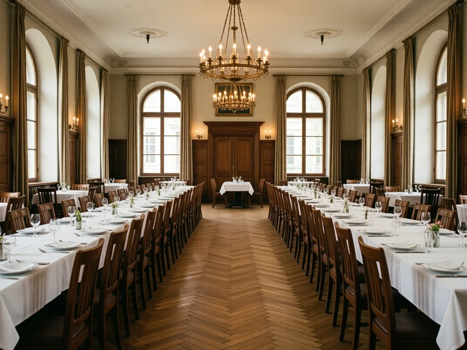 Symbolbild: Leerer Festsaal eines Restaurants mit langen, weiß eingedeckten Tafeln, Parkettboden, hohen Bogenfenstern und warmem Deckenlicht