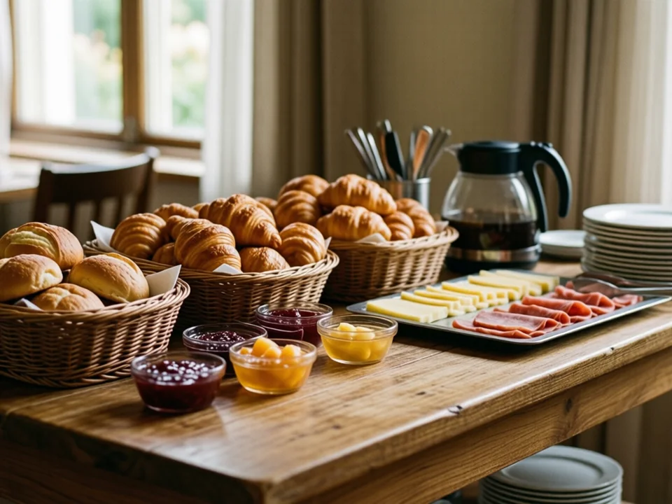 Symbolbild: Frühstücksbuffet auf einem Holztresen mit Körben voller Brötchen und Croissants, Schälchen mit Marmelade und Honig, Käse- und Wurstplatte, Kaffeekanne und gestapelten weißen Tellern im Morgenlicht