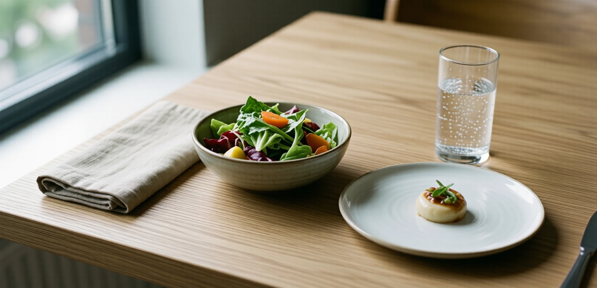 Symbolbild: Auf einem hellen Holztisch sind ein kleines Salatbowl, ein gefalteter Leinentuch, ein Glas Sprudelwasser und ein schlichtes weißes Teller mit einem eleganten Gericht arrangiert, aufgenommen bei sanftem Tageslicht.