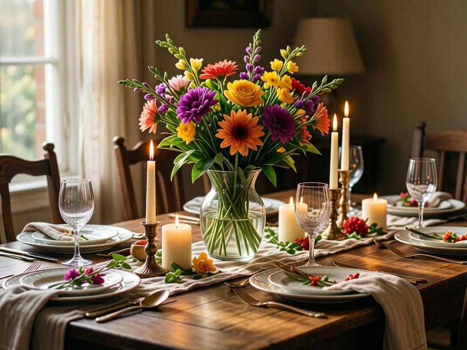 Symbolbild: Ein festlich gedeckter Tisch mit Blumen, Kerzen und elegantem Geschirr, beleuchtet von sanftem Tageslicht.