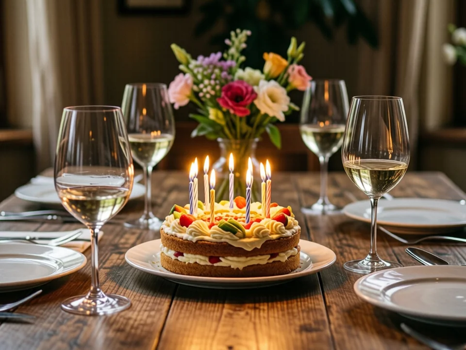 Symbolbild: Eine festlich gedeckte Restaurant-Tafel mit einem kleinen Geburtstagskuchen, brennenden Kerzen, Weingläsern und frischen Blumen, warm beleuchtet