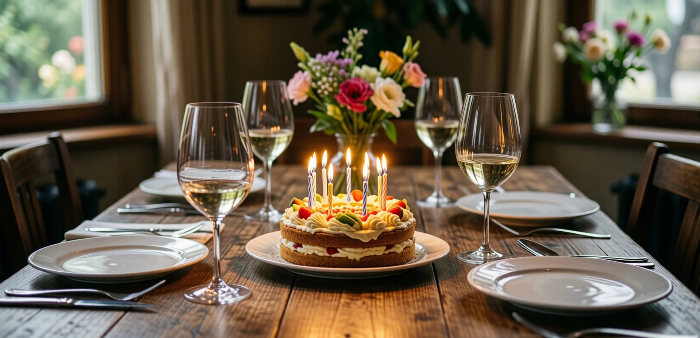 Symbolbild: Eine festlich gedeckte Restaurant-Tafel mit einem kleinen Geburtstagskuchen, brennenden Kerzen, Weingläsern und frischen Blumen, warm beleuchtet