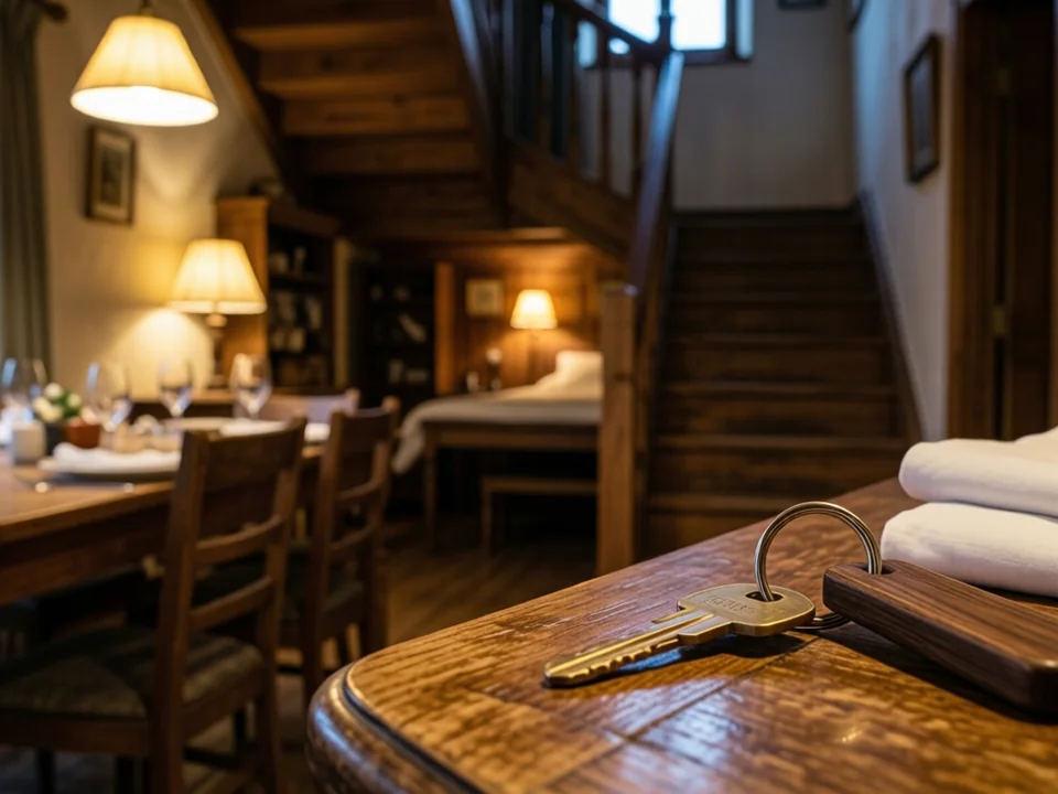 Symbolbild: Blick in einen Gastraum mit Holztischen und warmem Lampenlicht, daneben ein Tresen mit Zimmerschlüssel und gefalteter weißer Bettwäsche, im Hintergrund eine Treppe zu den Gästezimmern.