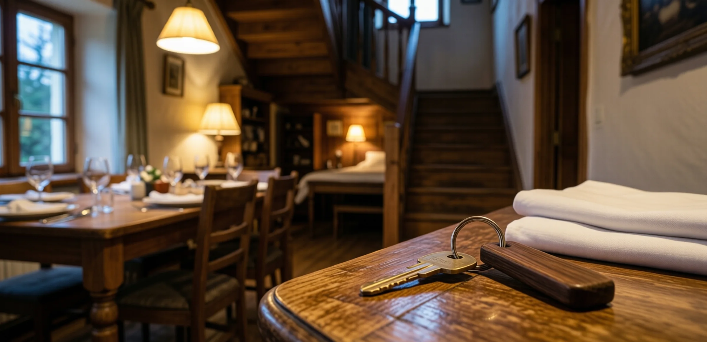 Symbolbild: Blick in einen Gastraum mit Holztischen und warmem Lampenlicht, daneben ein Tresen mit Zimmerschlüssel und gefalteter weißer Bettwäsche, im Hintergrund eine Treppe zu den Gästezimmern.