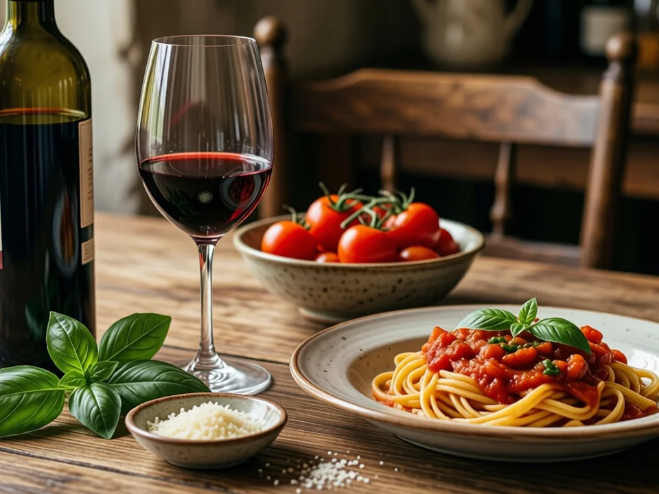 Symbolbild: Eine rustikale Tischdekoration mit einer Flasche Rotwein, einem Weinglas, frischen Basilikumblättern, einer Schüssel Kirschtomaten, einer Teller mit frischer Pasta in Tomatensauce und einer kleinen Schale geriebenem Parmesan auf einem Holztisc