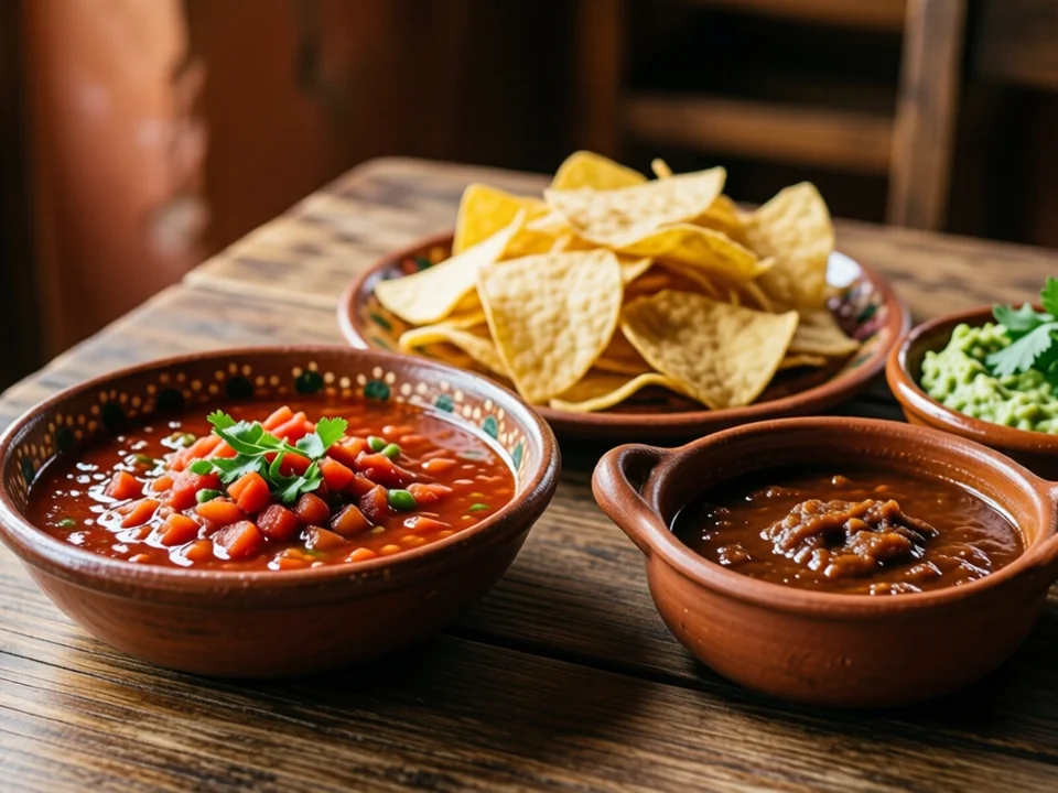 Symbolbild: Eine rustikale Holztischplatte mit einer bunten Auswahl an mexikanischem Essen, darunter eine Schüssel mit roter Salsa, eine Platte mit Tortilla-Chips, frische Guacamole mit Koriander und eine kleine Tonkasserolle mit warmer Mole-Sauce, beleuc