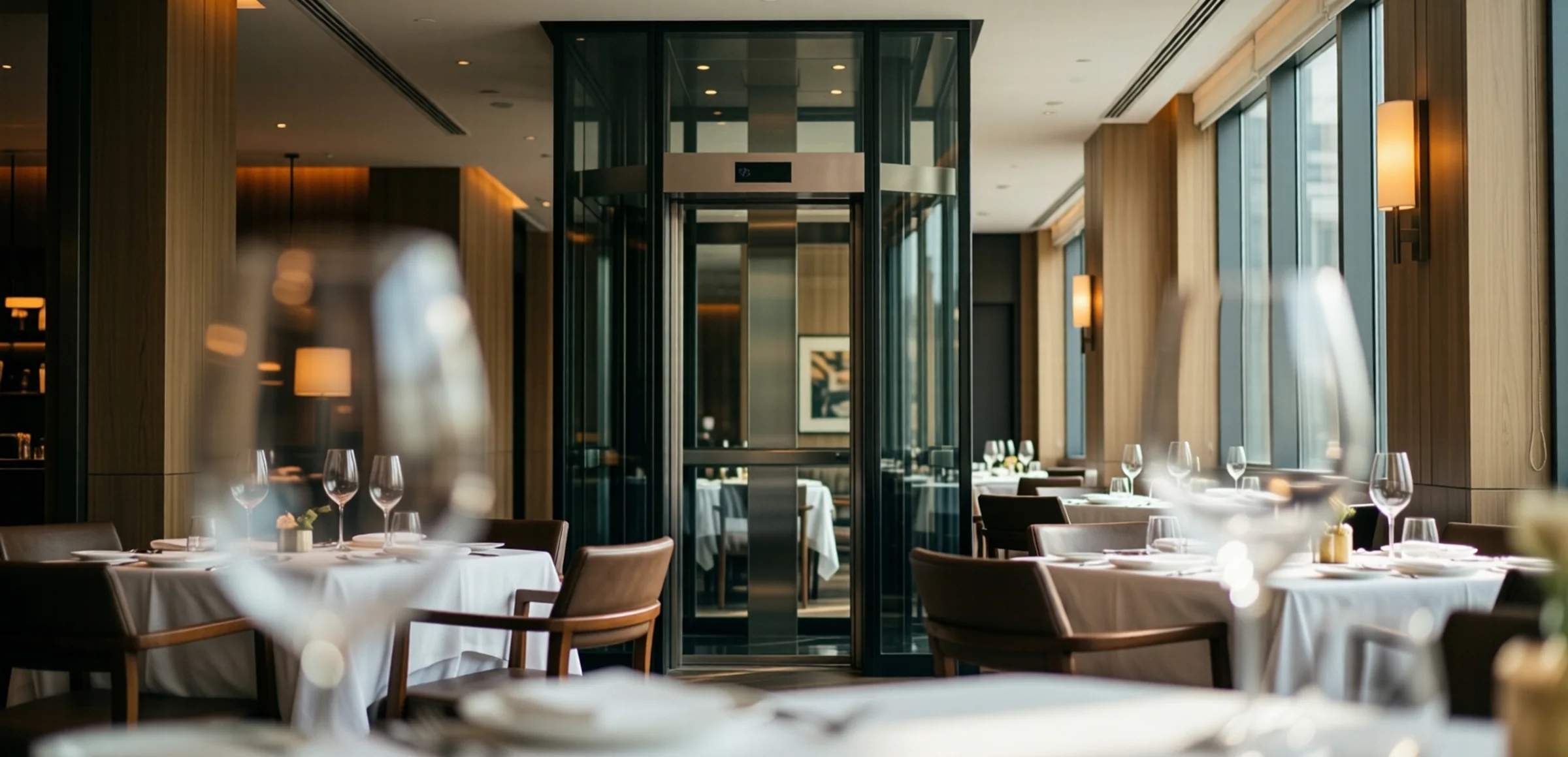 Symbolbild: Innenansicht eines eleganten Restaurants mit modernem Glasaufzug im Hintergrund, warme Beleuchtung und gedeckter Tisch